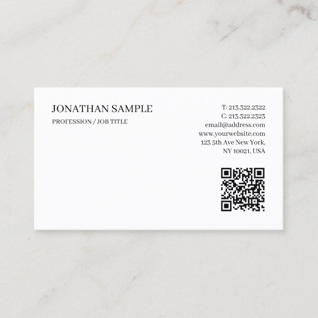 Modern Elegant Simple Template Custom Text QR Code Business Card (Front)