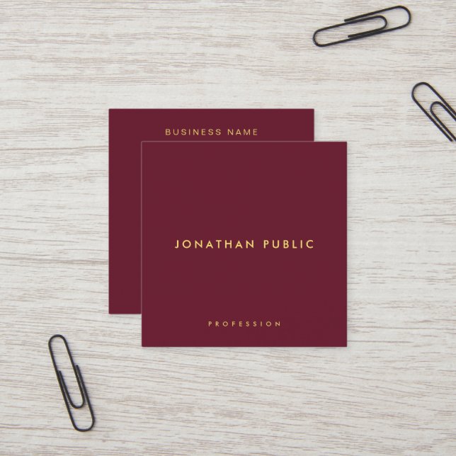 Modern Elegant Simple Template Gold Text Burgundy Square Business Card (Front/Back In Situ)