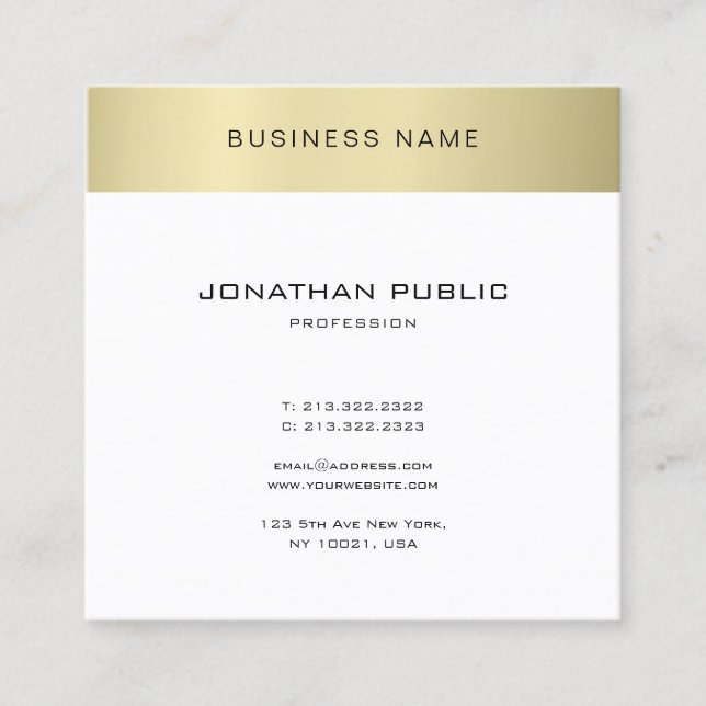 Modern Elegant Sleek Design Gold Look Plain Trendy Square Business Card (Front)