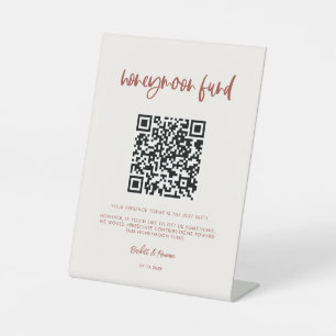 Modern elegant snow pink Honeymoon fund QR code Pedestal Sign
