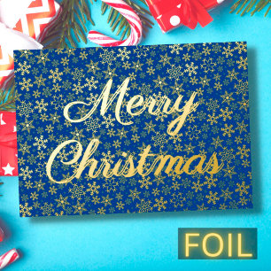 Modern elegant snowflake Merry Christmas navy blue Foil Holiday Card