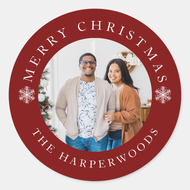 Modern Elegant Snowflakes Christmas Family 1 Photo Classic Round Sticker (Front)