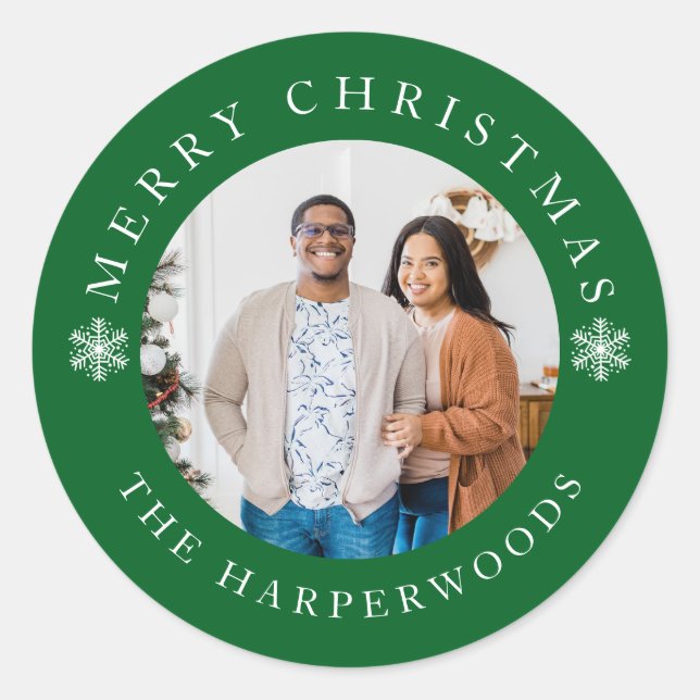 Modern Elegant Snowflakes Christmas Family 1 Photo Classic Round Sticker (Front)