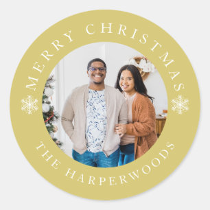Modern Elegant Snowflakes Christmas Family 1 Photo Classic Round Sticker