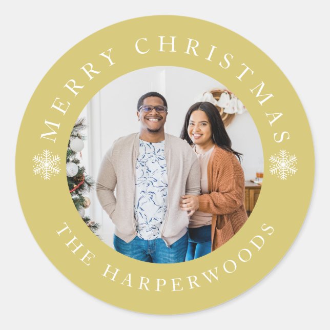 Modern Elegant Snowflakes Christmas Family 1 Photo Classic Round Sticker (Front)