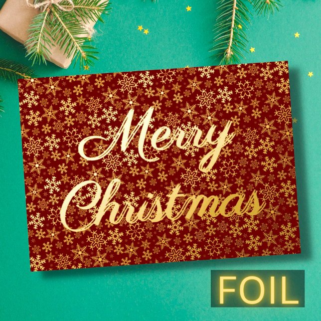 Modern elegant snowflakes Merry Christmas burgundy Foil Holiday Card (Creator Uploaded)