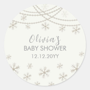 Modern Elegant Snowflakes Winter Baby Shower Classic Round Sticker
