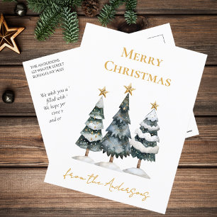 Modern Elegant Snowy Pine Trees Merry Christmas  Holiday Postcard