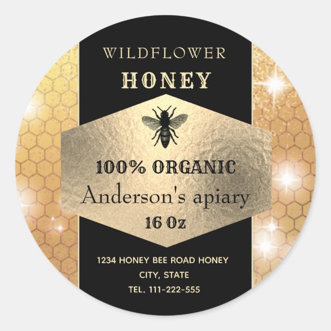 Modern elegant sparkle gold bee honey jar label (Front)