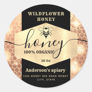 Modern elegant sparkle gold bee  script honey  cla classic round sticker