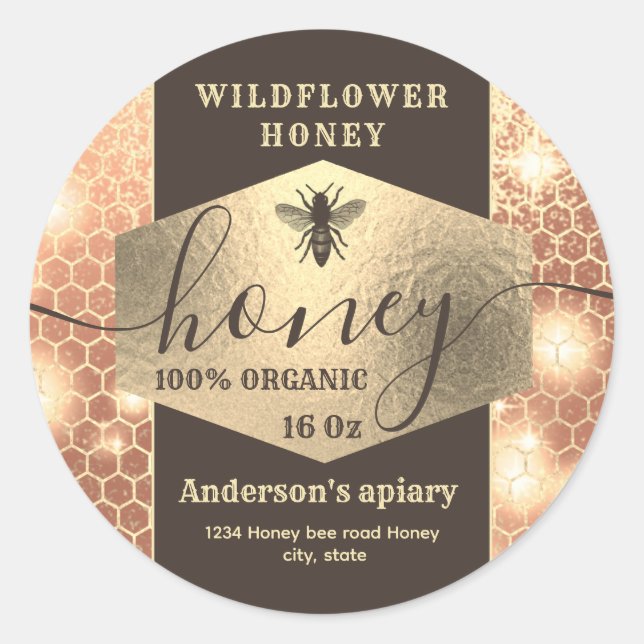 Modern elegant sparkle gold bee  script honey   classic round sticker (Front)