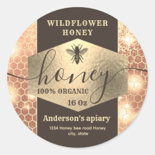 Modern elegant sparkle gold bee  script honey   classic round sticker
