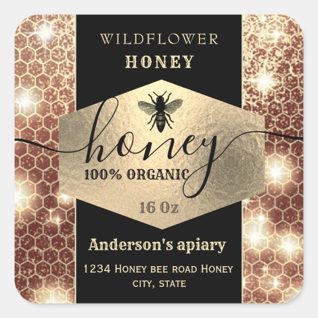 Modern elegant sparkle gold bee  script honey square sticker (Front)