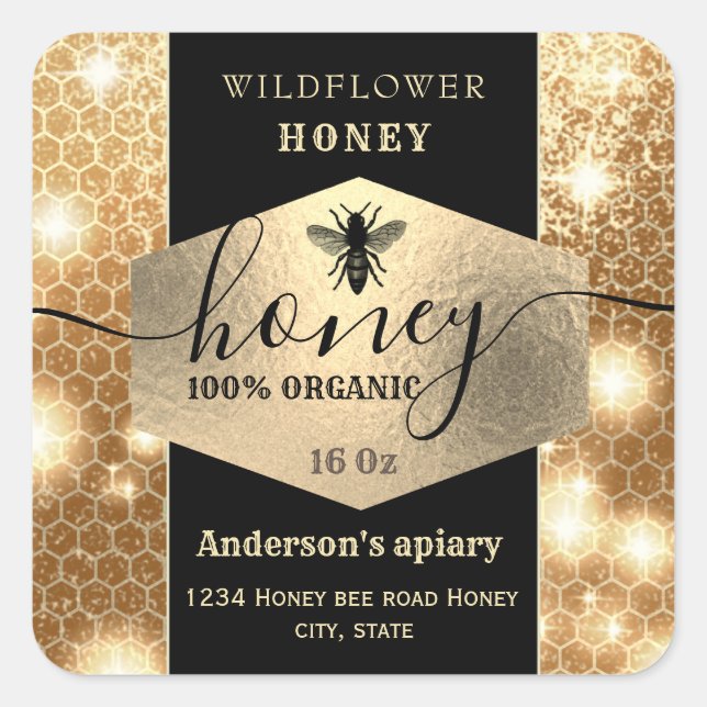 Modern elegant sparkle gold bee  script honey square sticker (Front)