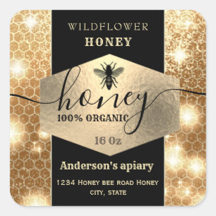 Modern elegant sparkle gold bee  script honey square sticker