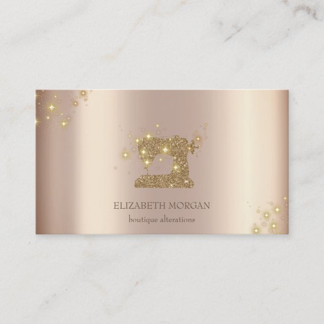 Modern Elegant Sparkle Gold Glitter Sewing Machine Business Card (Front)