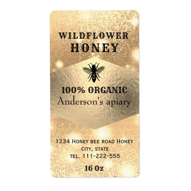 Modern elegant sparkle gold logo bee honey jar (Front)