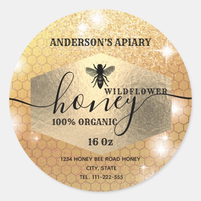 Modern elegant sparkle gold logo bee honey jar classic round sticker (Front)