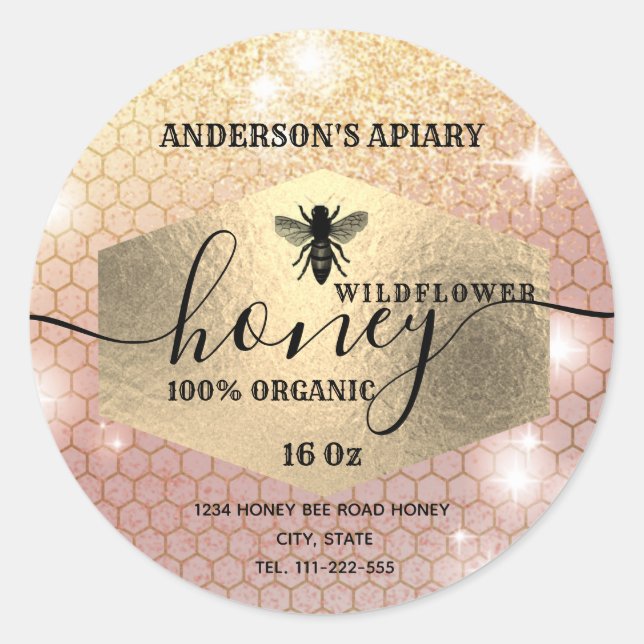 Modern elegant sparkle gold logo bee honey jar classic round sticker (Front)