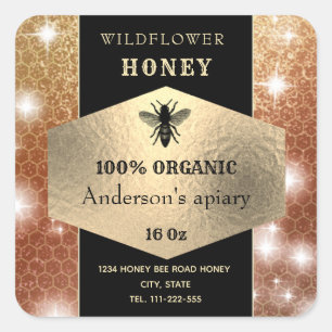 Modern elegant sparkle gold logo bee honey jar square sticker