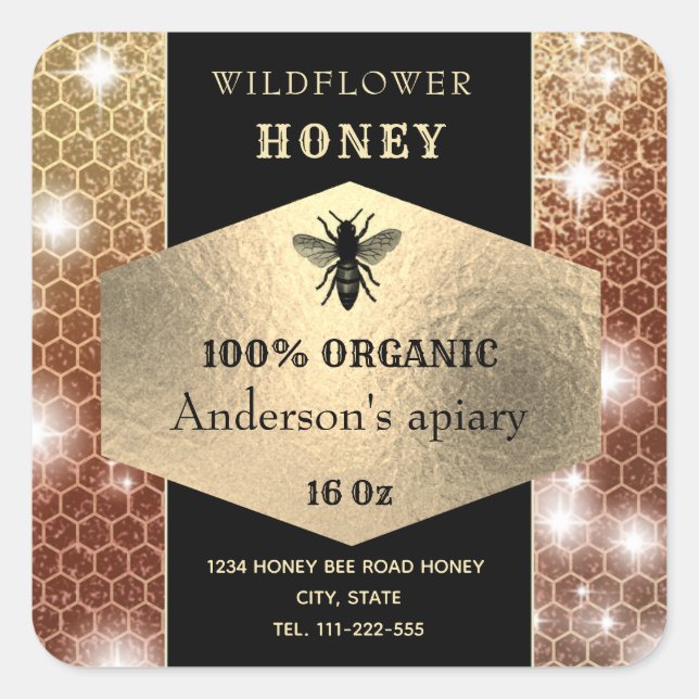 Modern elegant sparkle gold logo bee honey jar square sticker (Front)