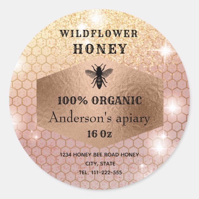 Modern elegant sparkle rose gold  bee logo classic round sticker (Front)