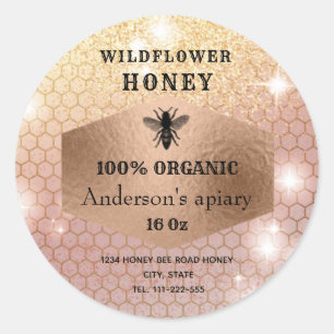 Modern elegant sparkle rose gold  bee logo classic round sticker