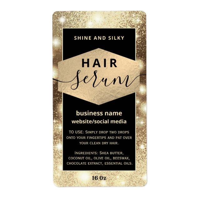 Modern elegant  sparkle script hair serum label (Front)