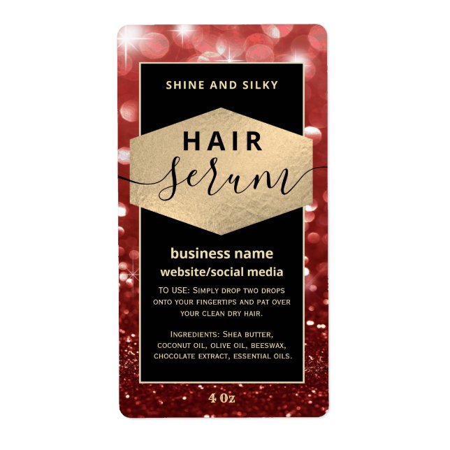 Modern elegant  sparkle script hair serum label (Front)