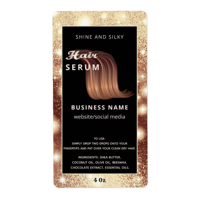 Modern elegant  sparkle script hair serum label (Front)