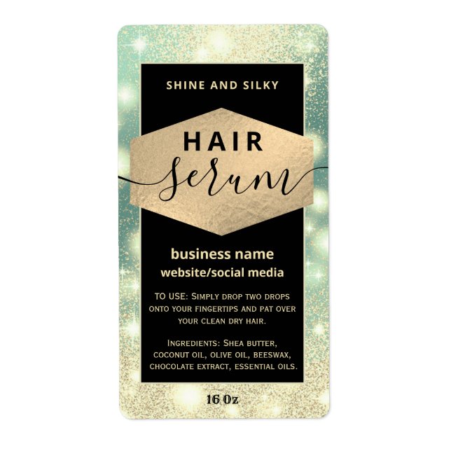 Modern elegant  sparkle script hair serum label (Front)