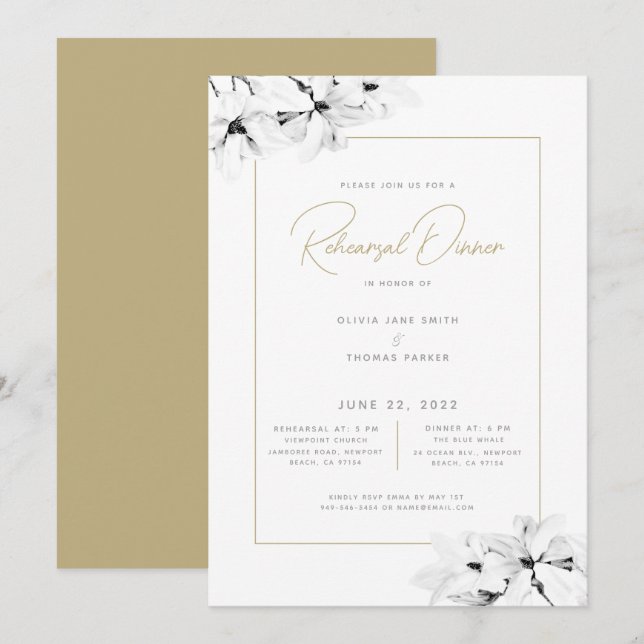 Modern Elegant Spring Magnolias Rehearsal Dinner Invitation (Front/Back)