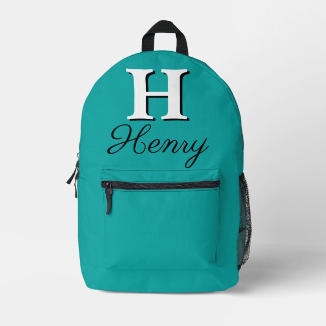 Modern Elegant Spring Teal Monogram Printed Backpack (Front)
