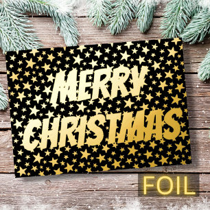 Modern elegant star Merry Christmas black and gold Foil Holiday Card