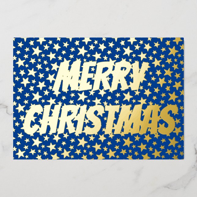 Modern elegant stars Merry Christmas navy blue Foil Holiday Card (Front)