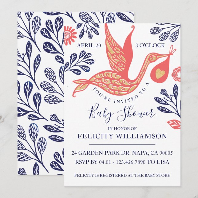 Modern Elegant Stork Baby Girl Shower Invitation (Front/Back)