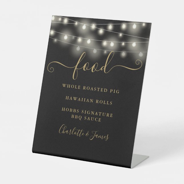 Modern Elegant String Lights Black Gold Food Menu Pedestal Sign (Front)