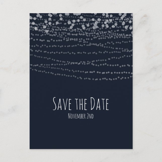 Modern Elegant String of Lights Blue Save The Date Announcement Postcard (Front)