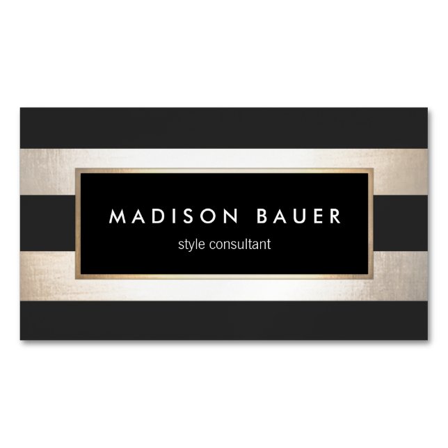 Modern Elegant Striped Black and FAUX Gold Foil Magnetic Business Card (Front)