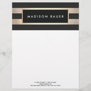 Modern Elegant Striped Black and FAUX Gold Foil Personalized Letterhead