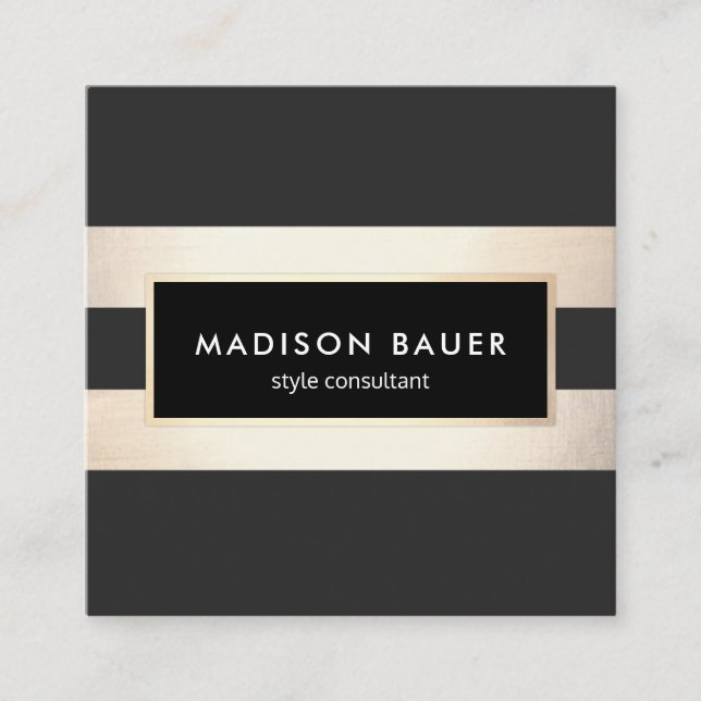 Modern Elegant Striped Black and FAUX Gold Foil Square Business Card (Front)
