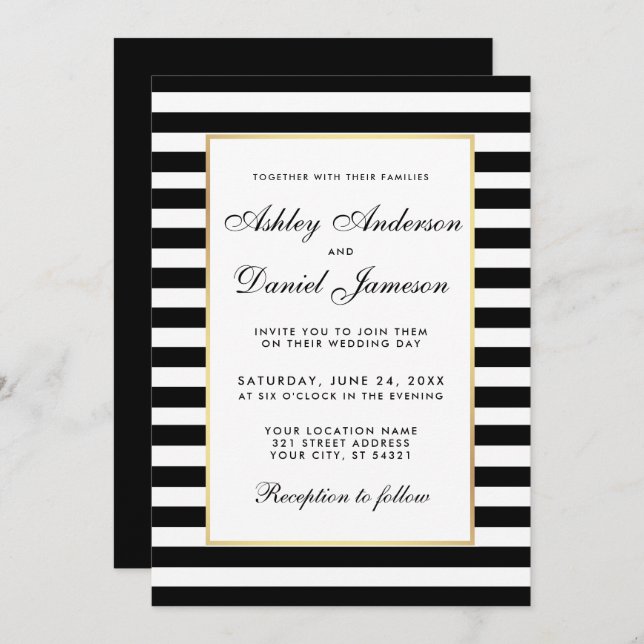 Modern Elegant Striped Black White Wedding Invite (Front/Back)