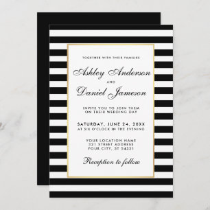 Modern Elegant Striped Black White Wedding Invite