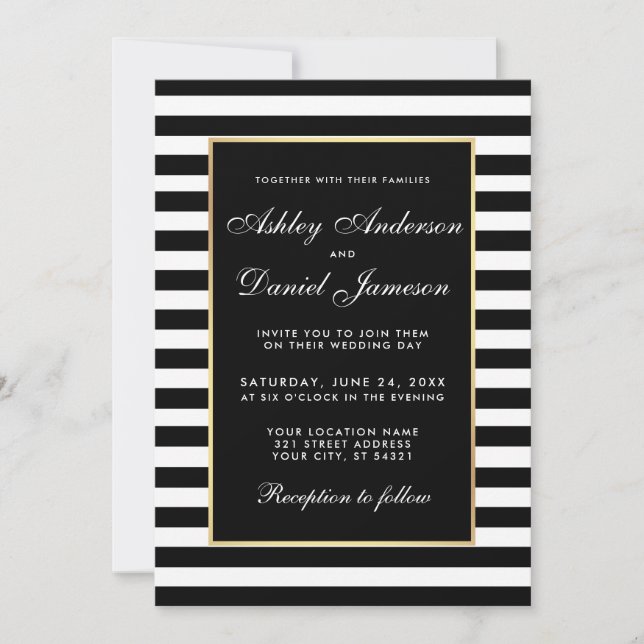 Modern Elegant Striped Wedding Invitation BW (Front)