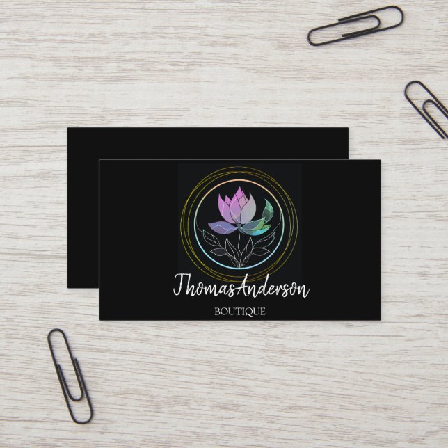 Modern Elegant Stylish Gold Circle Lotus Business Card (Front/Back In Situ)
