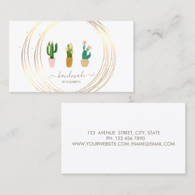 Modern Elegant Stylish,Gold Circles Cactus Plants Business Card (Front/Back)