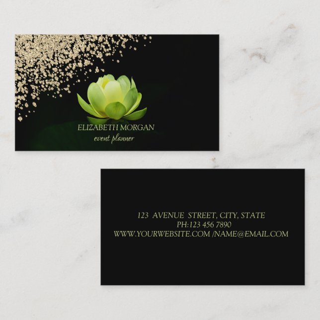 Modern Elegant Stylish Gold Diamonds Green Lotus  Business Card (Front/Back)