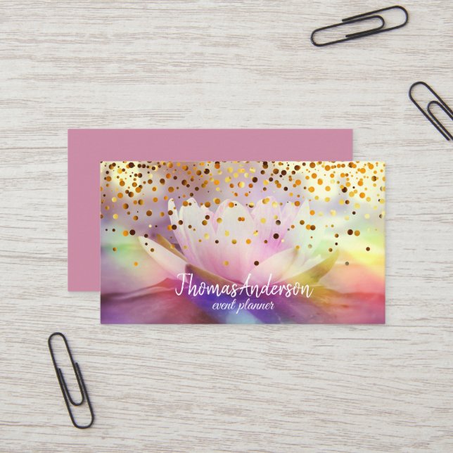 Modern Elegant Stylish Gold Glitter Lotus Business Card (Front/Back In Situ)