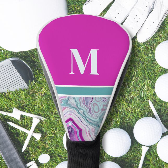 Modern Elegant Stylish Initial Monogram  Golf Head Cover (Modern Turquoise Magenta Agate Initial Monogram Golf Head Cover)