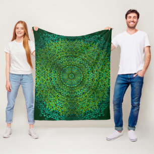 Modern & Elegant Stylish Mandala Boho Dark Green Fleece Blanket